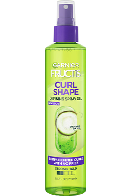 Curl Shape Spray Gel bottle, front view.